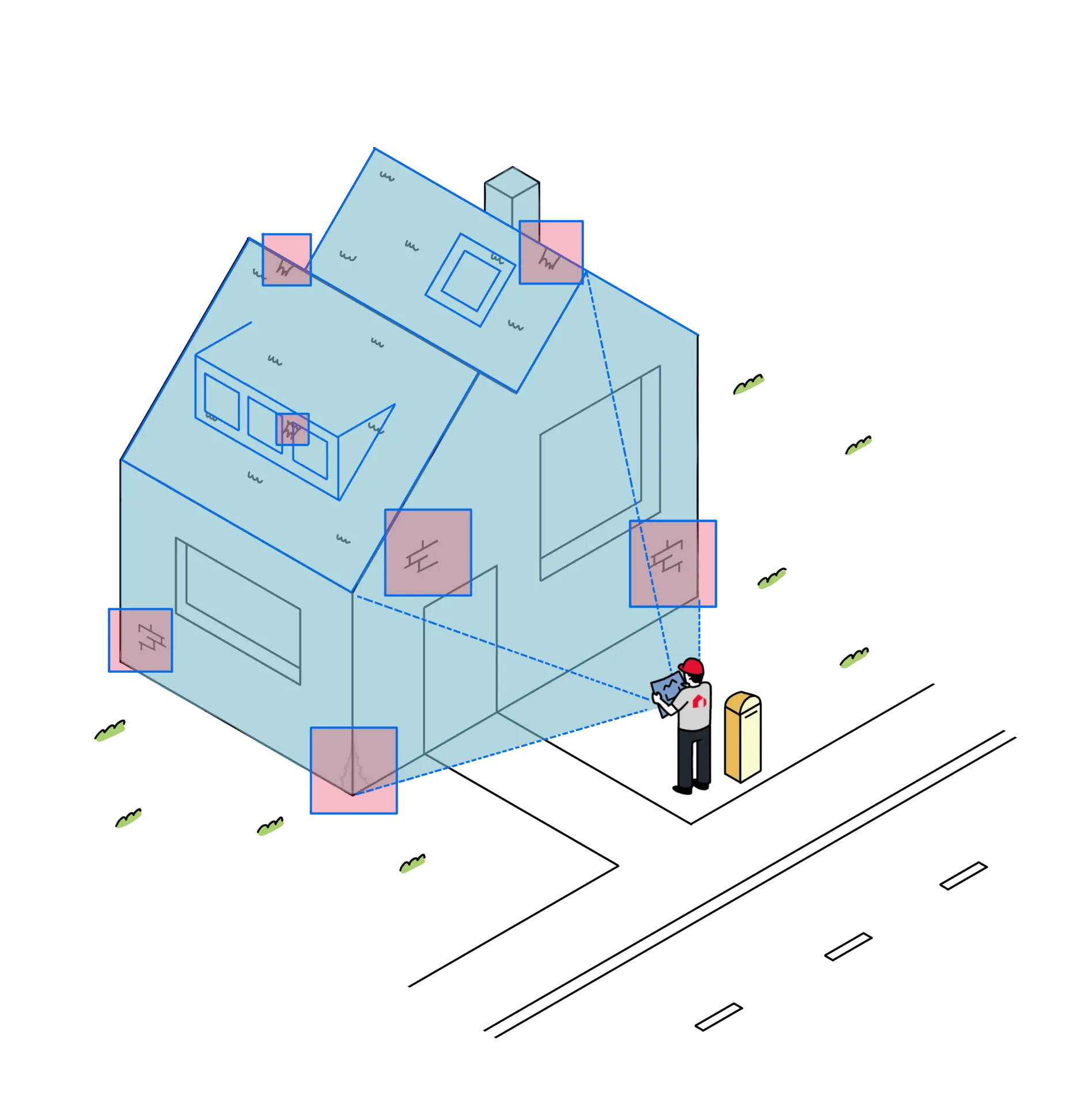 Illustration d'une maison avec points d'amélioration PEB